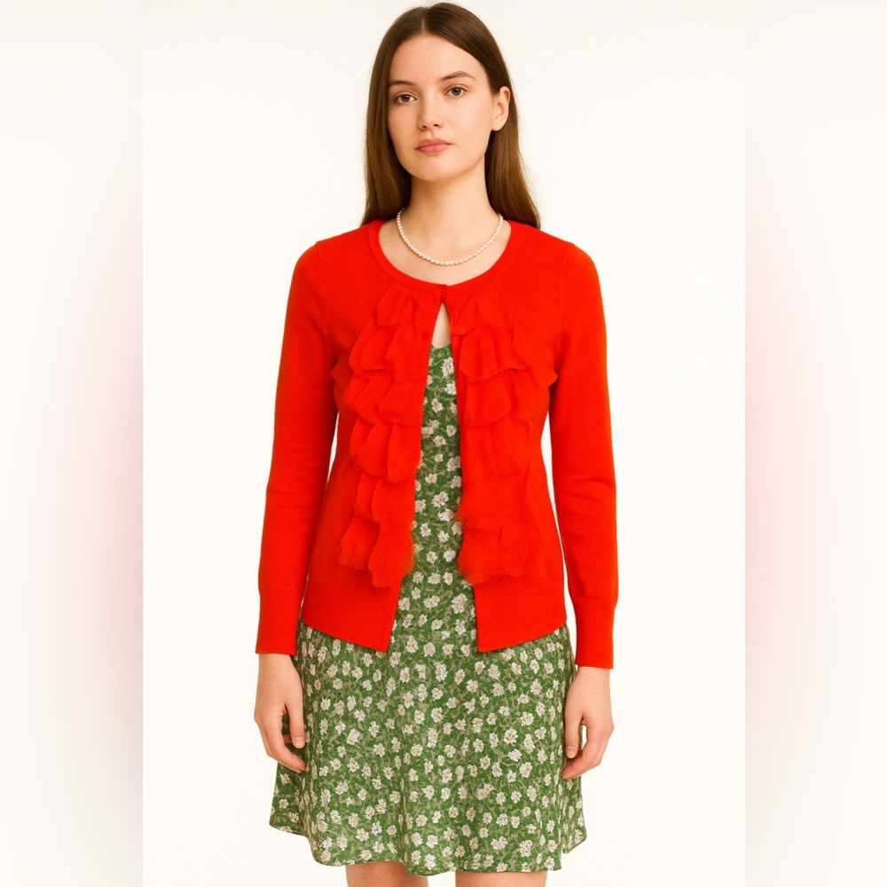 J Crew Cardigan 100 % Merino Wool XS Coral Ruffle Lux